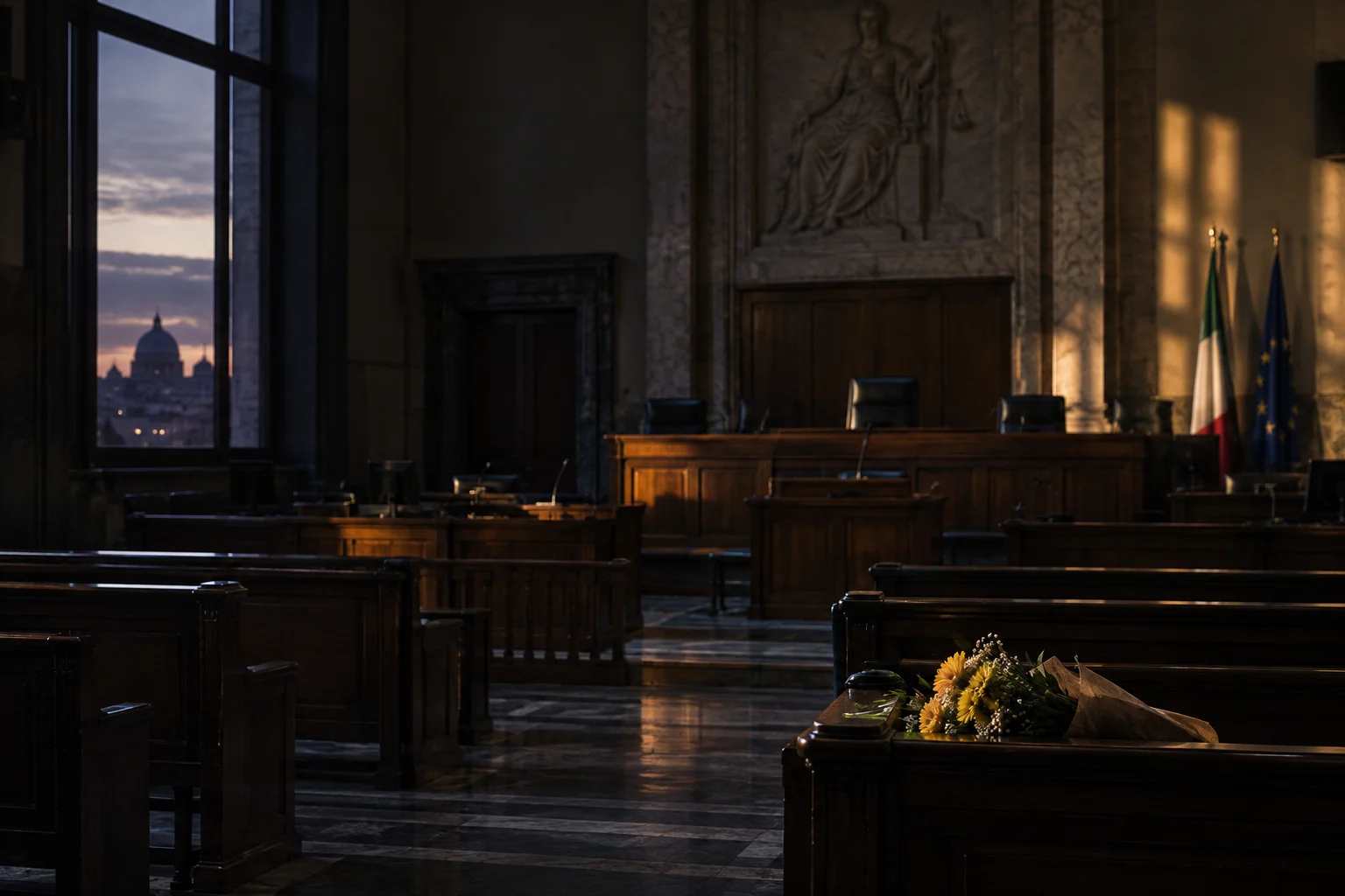Editorial illustration of an empty courtroom at dusk with yellow flowers on a bench.