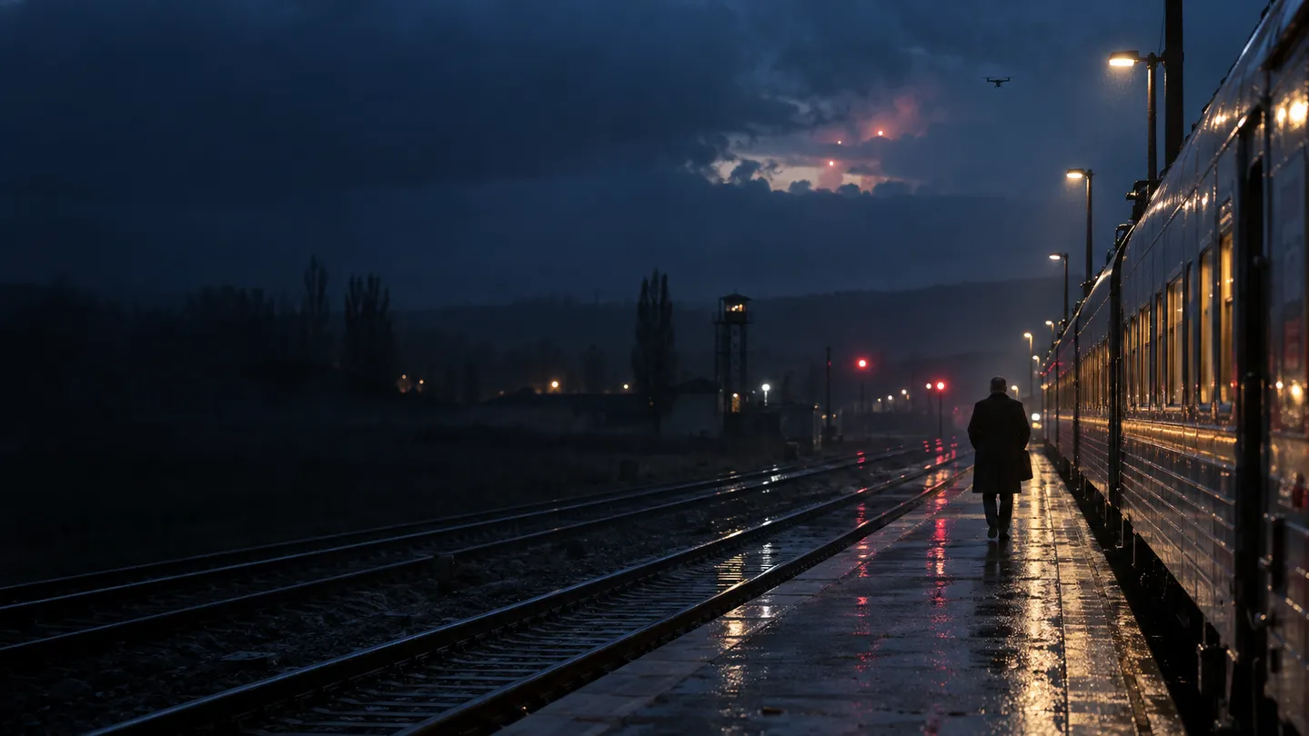 Rain-soaked night train at a remote border station beneath warning lights