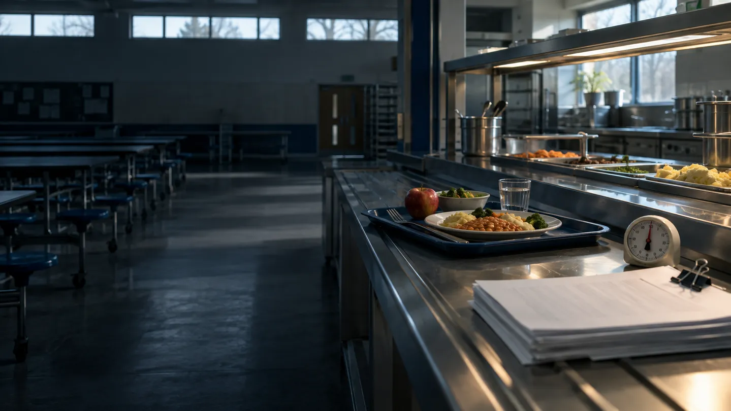Empty school canteen with a meal tray, papers and kitchen scale
