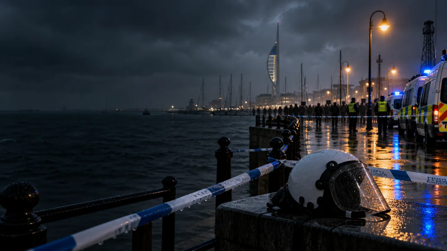 Rainy Portsmouth waterfront with a police cordon and distant figures