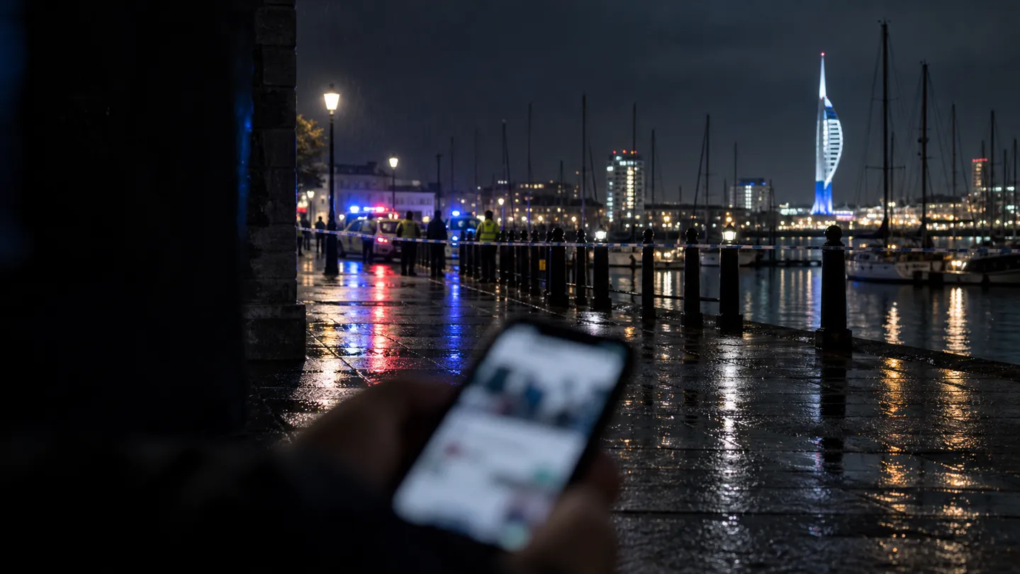 Rainy Portsmouth waterfront seen past an out-of-focus phone and police lights