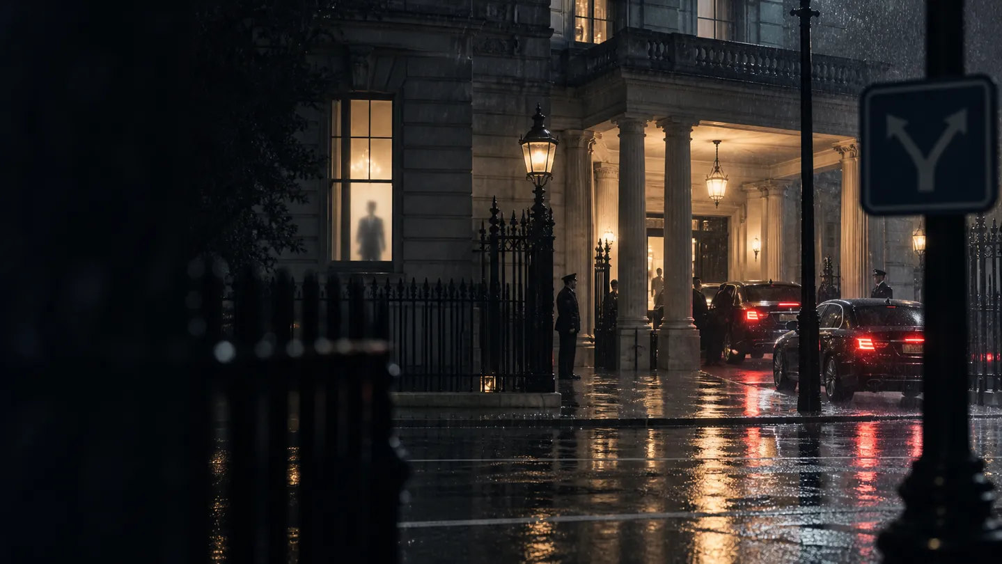 Rainy government entrance with official cars and a blurred sign pointing two ways